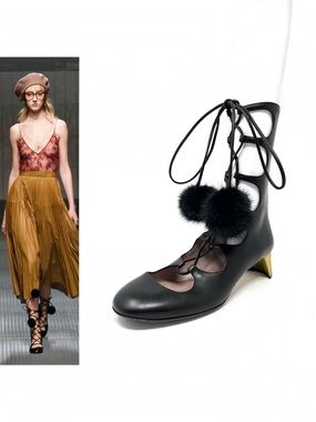 Gucci Heloise Black Leather Gold Lace Up Gladiator Ankle Boots Low Heels 37.5